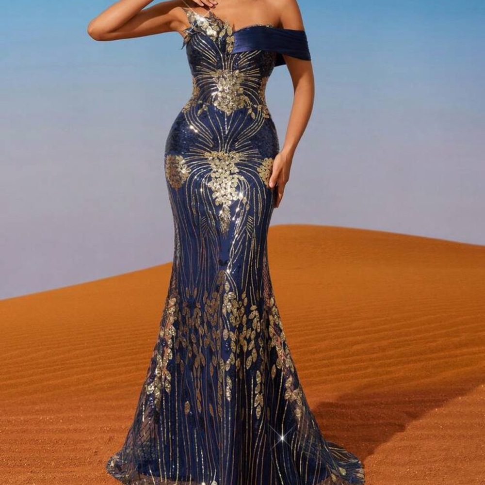 Elegant Navy and Gold Off-Shoulder Wedding Dress